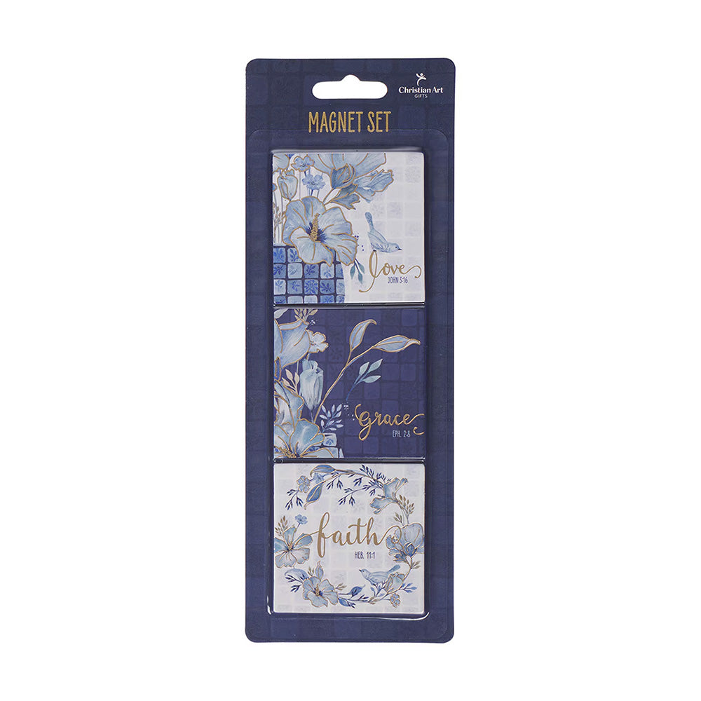 Love, Grace, Faith Blue Floral Tile Magnet Set