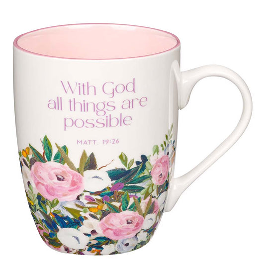 With God Things Are Possible Pink Floral Ceramic Coffee Mug